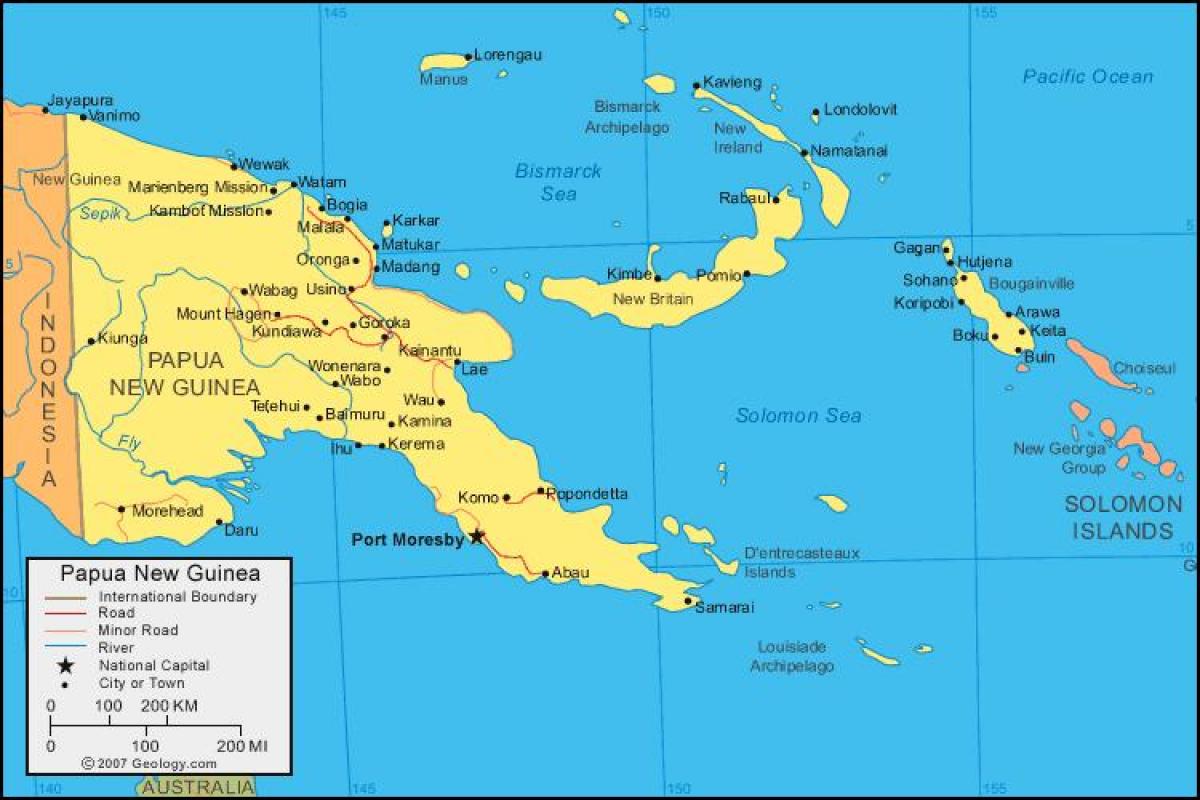 karte papua-jaungvineja un apkārtējām valstīm